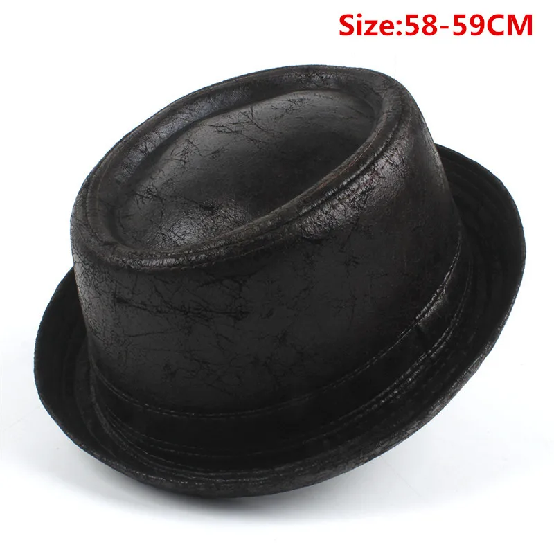 Coffee 58to59CM Кожаная шляпа-федора со свининой, мужская шляпа с плоским верхом, шляпа для джентльмена, папы, порки, шляпа для геймера, верхняя шляпа, большой размер 4 - Цвет: Coffee 58to59CM