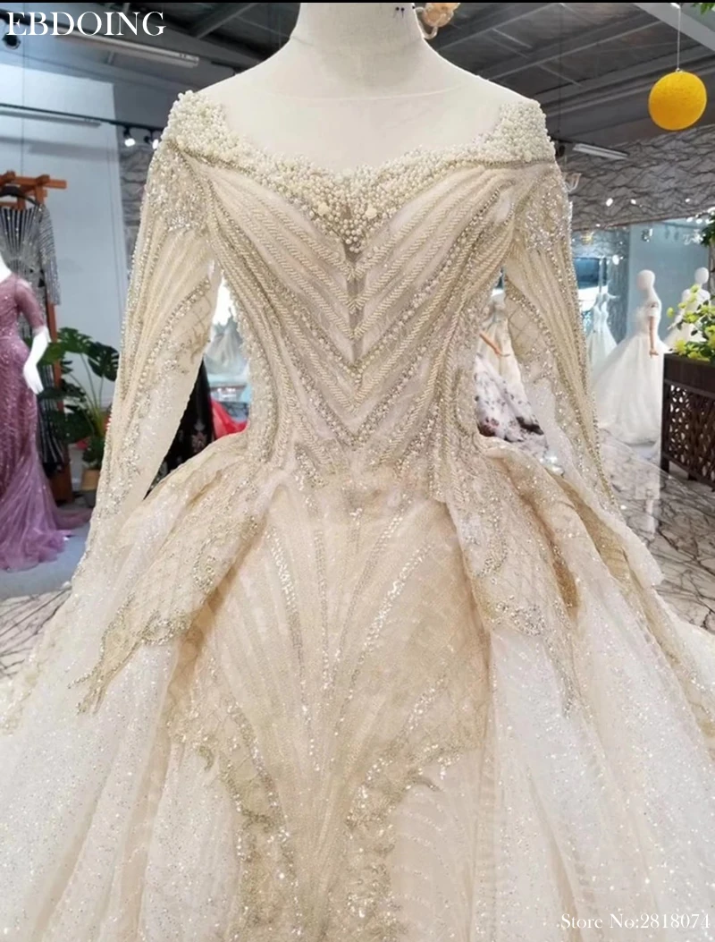 Vestidos De Novia Ball Gown Wedding Dress Boat Neck Full Sleeves Court Train Lace UP Bride Dress Plus Size With Lace Beading