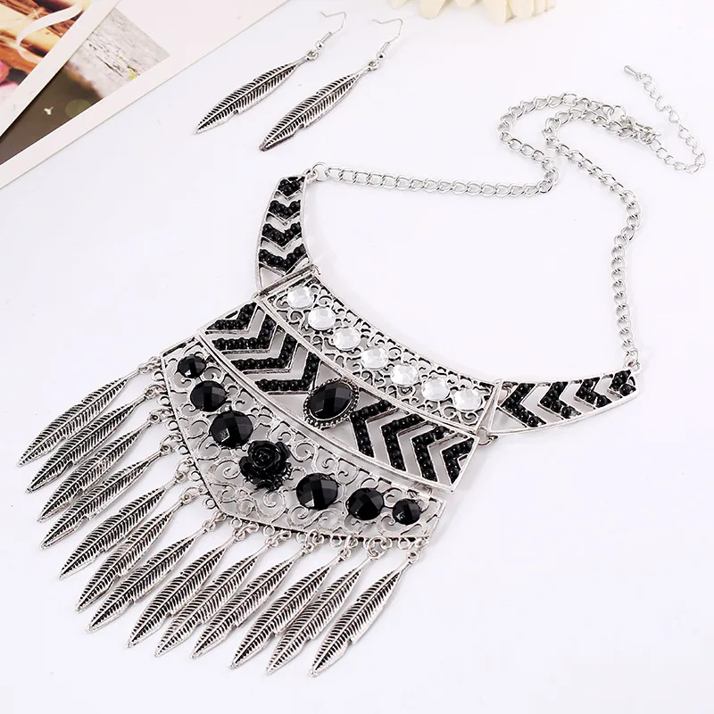 LZHLQ богемский Комплект ожерелье и серьги Макси чокер листья кисточки колье