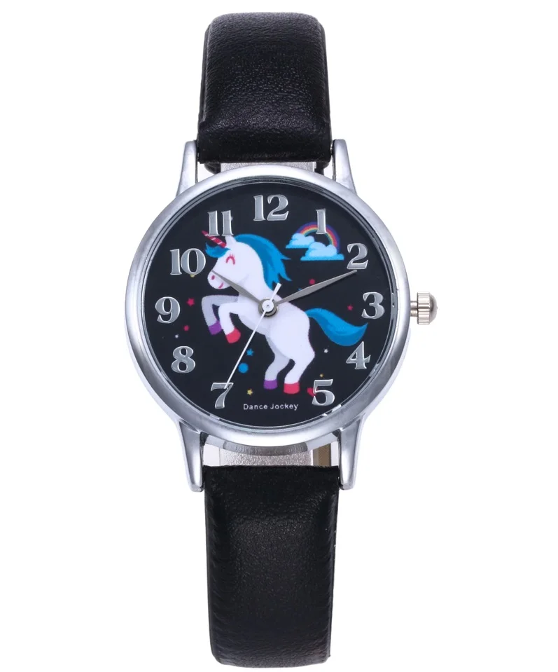 Black Dial Black Рождественский подарок, милые детские часы с единорогом для девочек и мальчиков, спортивные часы с кожаным ремешком, популярные Мультяшные часы, новые модные детские часы - Цвет: Black Dial Black