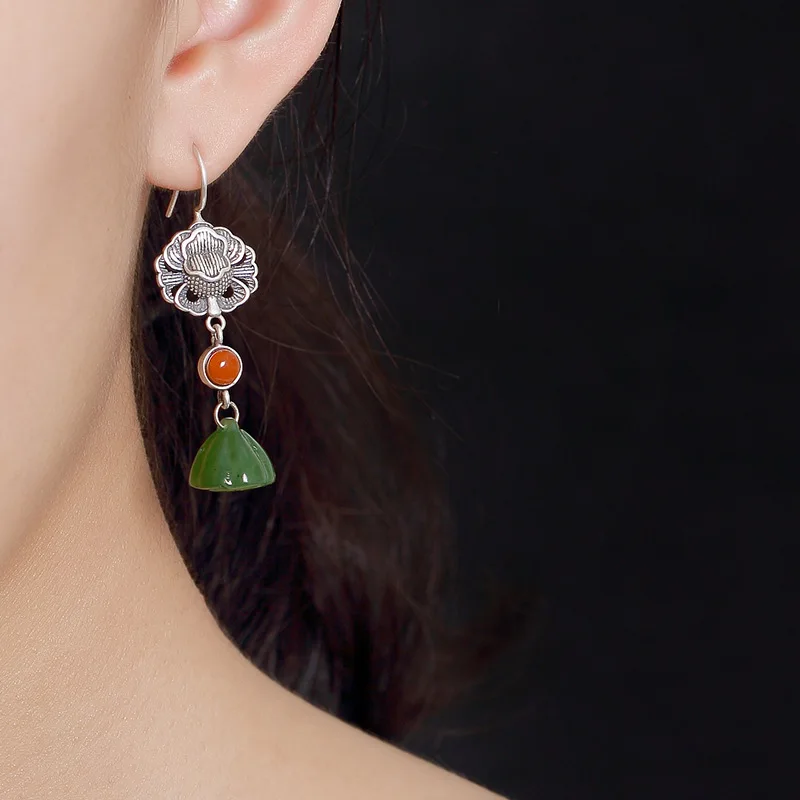

silver S925 Pure Silver Antique inlaid and field jade jade lotus lotus red lady high-end earrings earrings wholesale