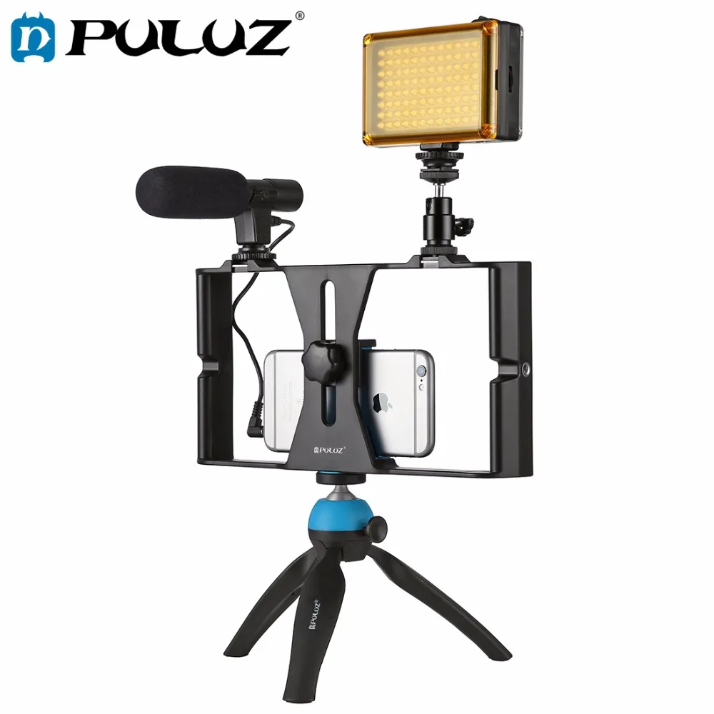 PULUZ Smartphone Video Rig + LED Studio Light + Video Microphone + Mini Tripod Mount Kits with Cold Shoe Tripod Head for iPhone