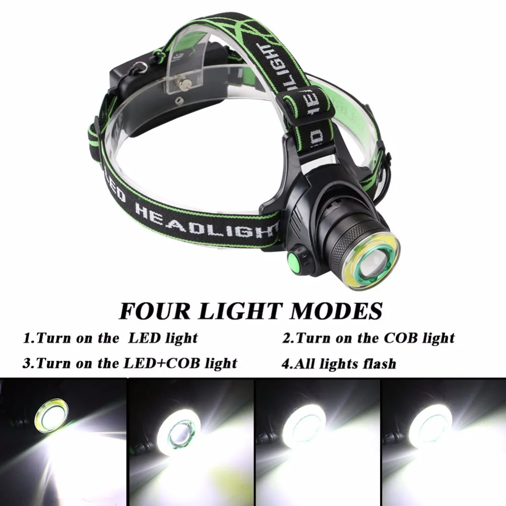 Перезаряжаемый 1 * XML T6 + COB LED 4 режима налобный фонарь 18650 для наружного кемпинга и