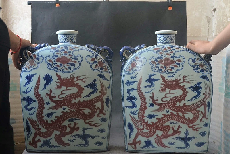 19 &quotИзысканный Китайский Окрашенные ФАРФОР дракон феникс цветок бутылка горшок