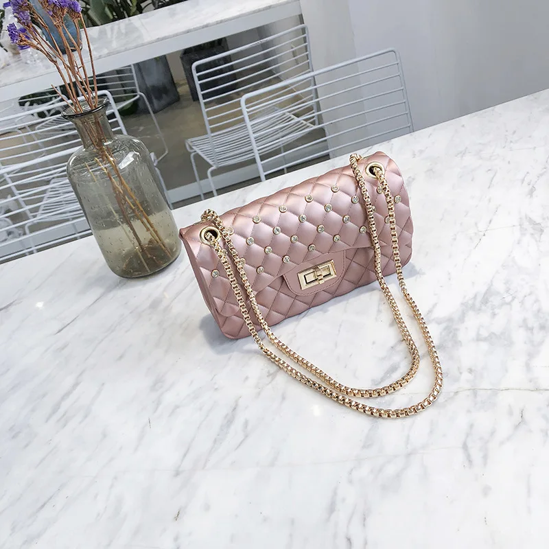 Pink-L HOCODO, роскошные сумки, женская сумка-мессенджер, дизайнерская клетчатая сумка на цепочке, женские сумки через плечо для женщин, модные сумки на плечо с заклепками - Цвет: Pink-L