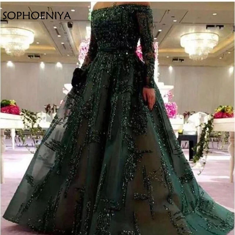 

New Arrival Long sleeeve evening dress 2021 Off the shoulder Dubai Arabic Evening dresses Abiye abendkleider party gown