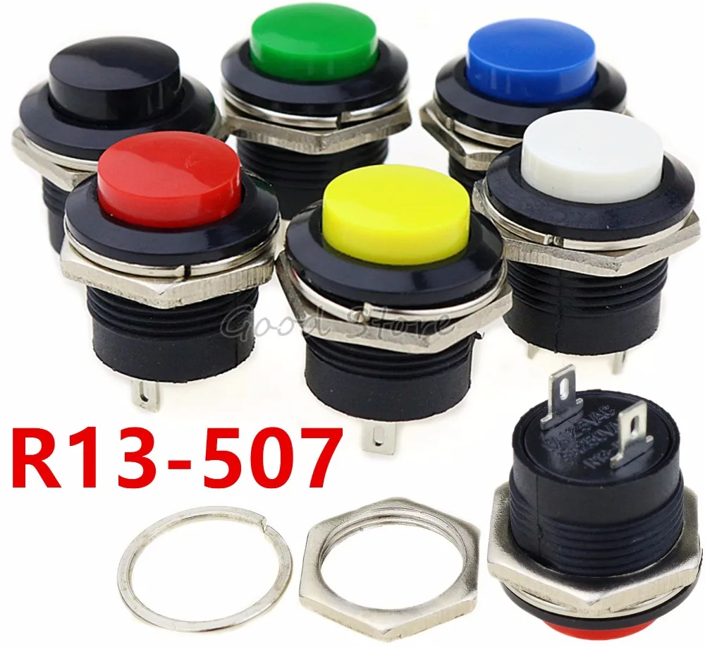

6 pcs R13-507 Momentary SPST NO Red Black White Yellow Green Blue Round Cap Push Button Switch AC 6A/125V 3A/250V 6color