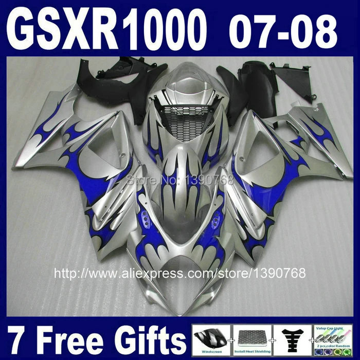 Обтекатели кузова набор для SUZUKI K7 GSX R1000 2007 2008 blue flames in silver ABS обтекатель комплект
