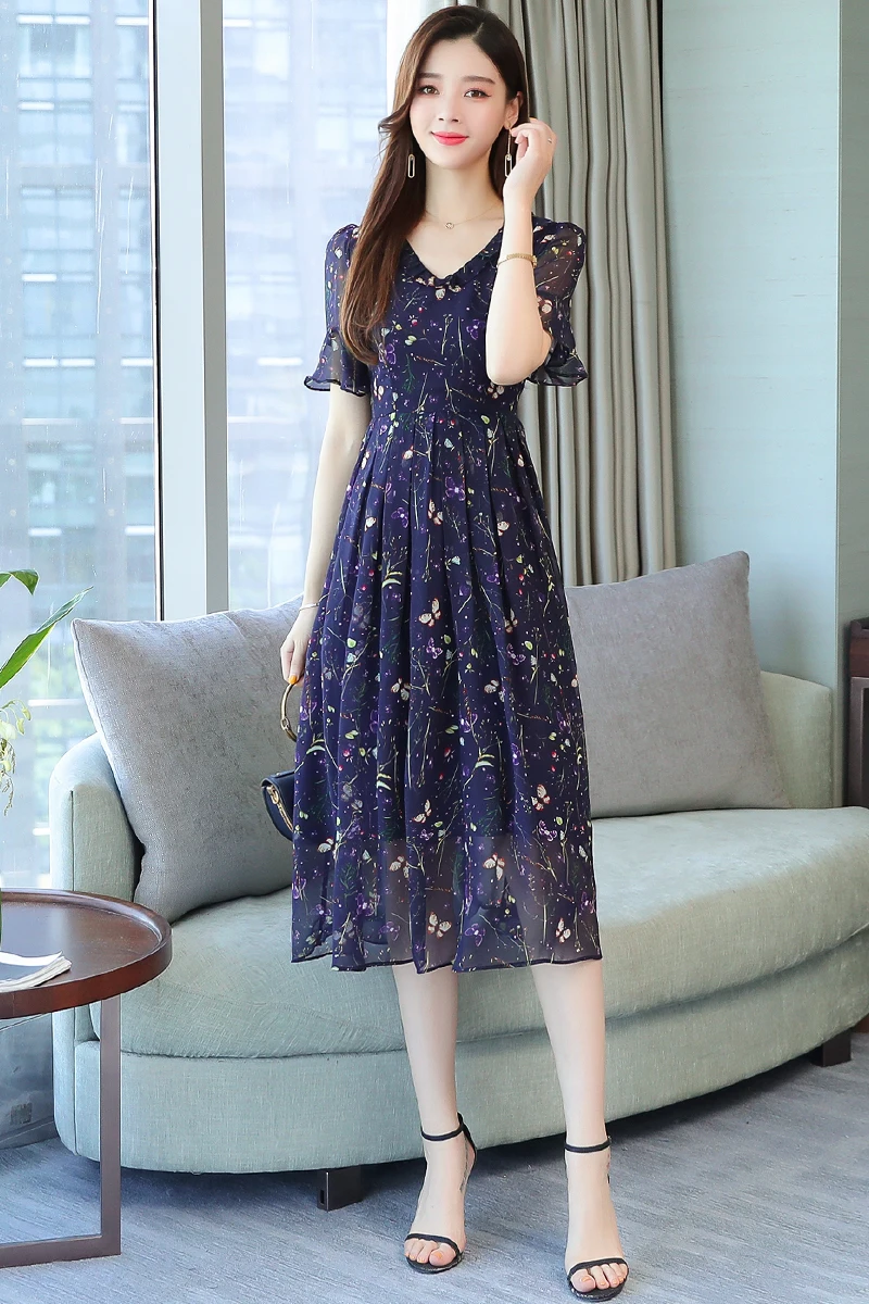 Женское тонкое платье с v образным вырезом шифоновое принтом листьев лотоса и