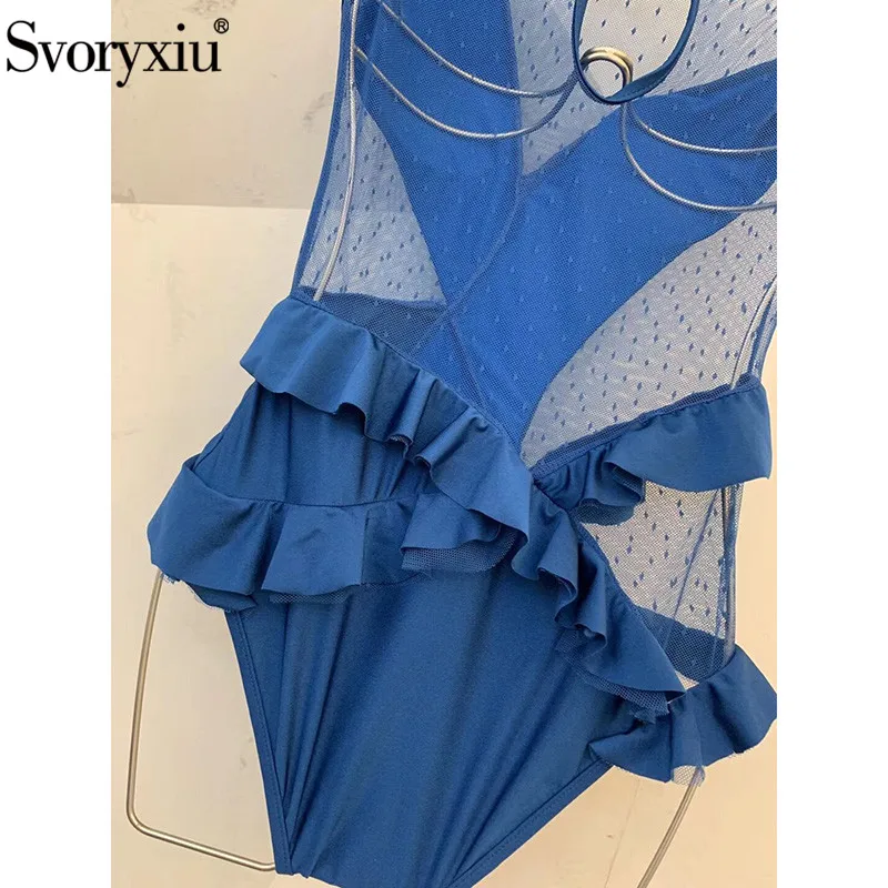 Svoryxiu Mesh Blue One Piece Bodysuit Women's Summer Holiday Sexy Ruffle Bathing Suit Swimwear New