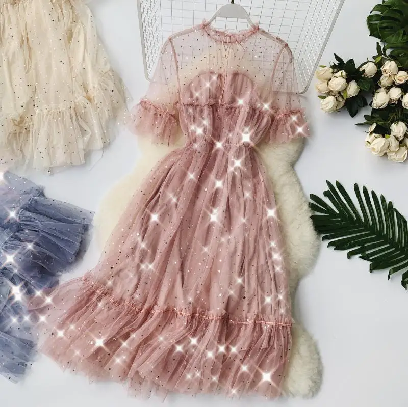 2019 новые модные женские платья Сетчатое блестящее французское Ретро