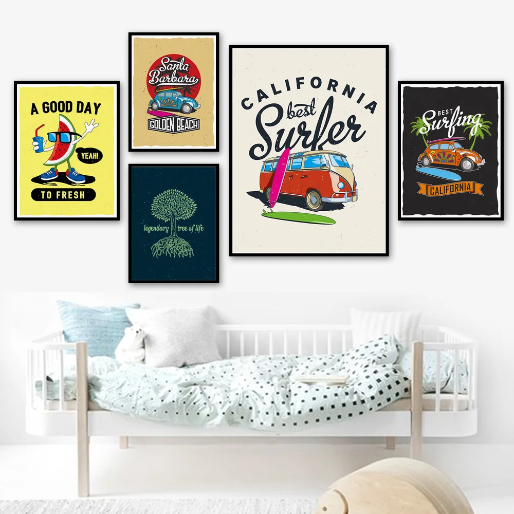 

Funny Cartoon Watermelon Bus Surfboard Travel Nordic Posters and Prints Wall Art Canvas Painting Wall Pictures Baby Room Decor