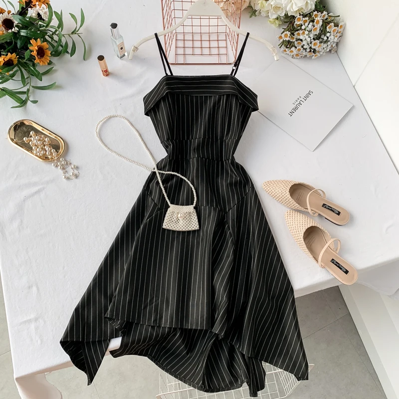 2019 Новая мода женские платья ассиметричное летнее с высокой талией в полоску