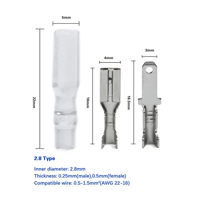 2.8mm 200 шт./лот клеммы для проводов комплект 2,8/4,8/6,3 мм обжимные клеммы для женщин/мужчин с прозрачными изоляционными рукавами - Цвет: 2.8mm