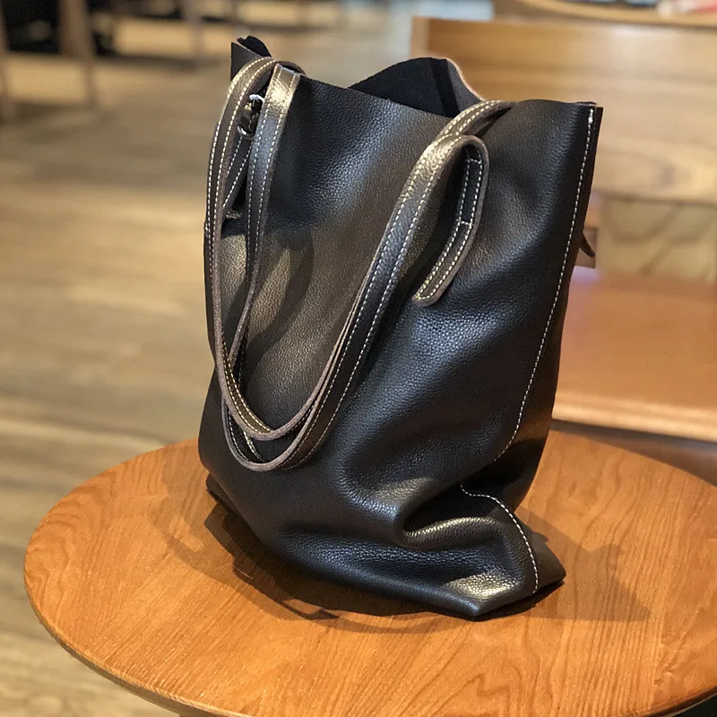 PNDME vintage casual genuine leather ladies tote bags large capacity soft cowhide simple women's shopping bag black handbag 2019