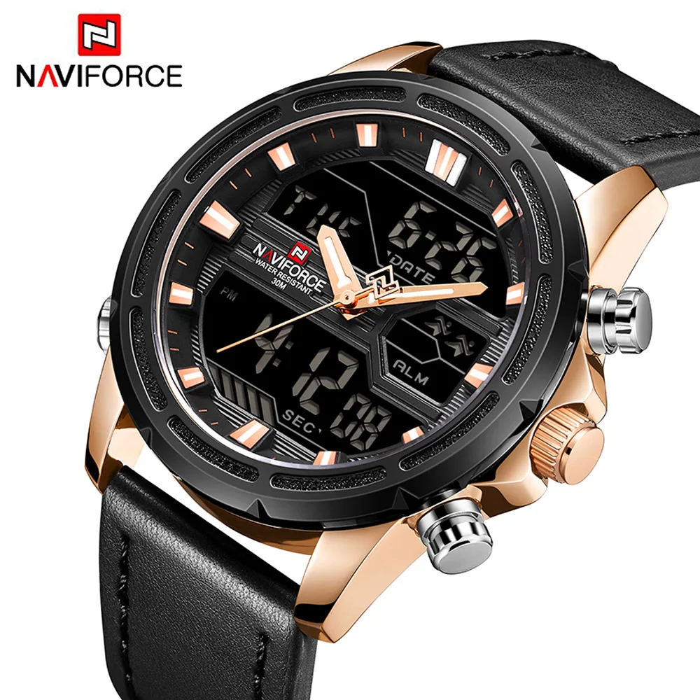 NAVIFORCE Мужские кварцевые цифровые часы роскошные кожаные модные спортивные