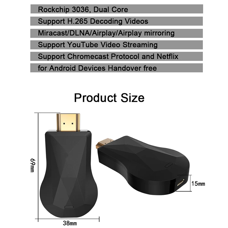 

Wireless WiFi Display TV Dongle Receiver Smart TV Stick for AnyCast M2 Plus for Airplay 1080P TV Stick for DLNA Miracast