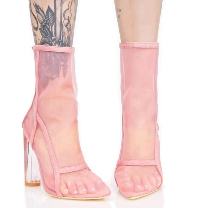 Новинка женские сетчатые ботинки прозрачные каблук из плексигласа ботильоны