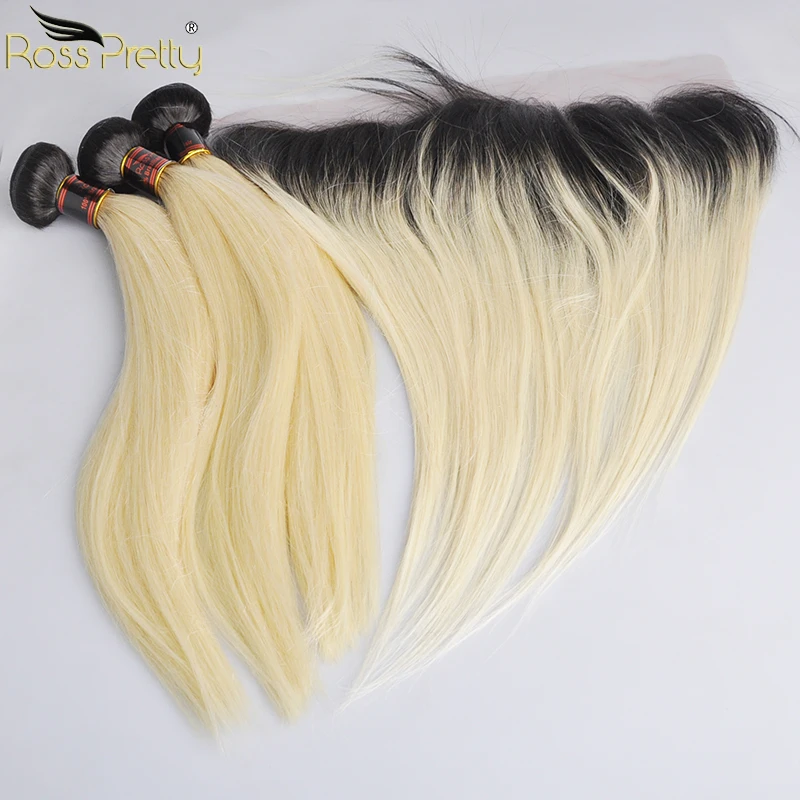 Ross Pretty Remy Прямые бразильские пучки волос с фронтальной Ombre Цвет 1b 613 кружева спереди с плетением волос 3 пучка