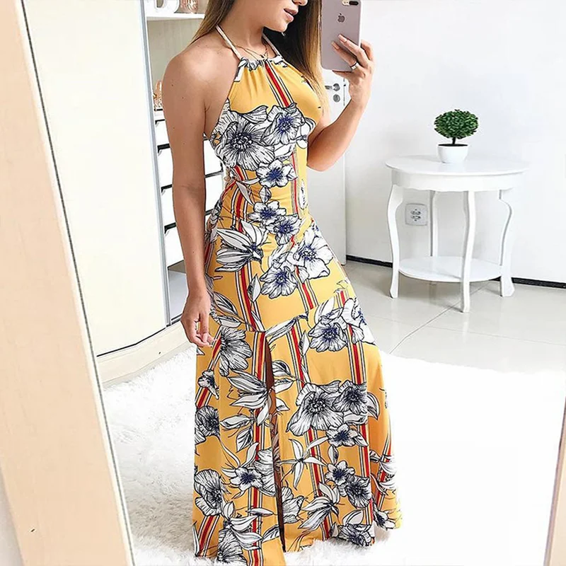 Женское длинное платье без рукавов с цветочным принтом на бретельках летнее