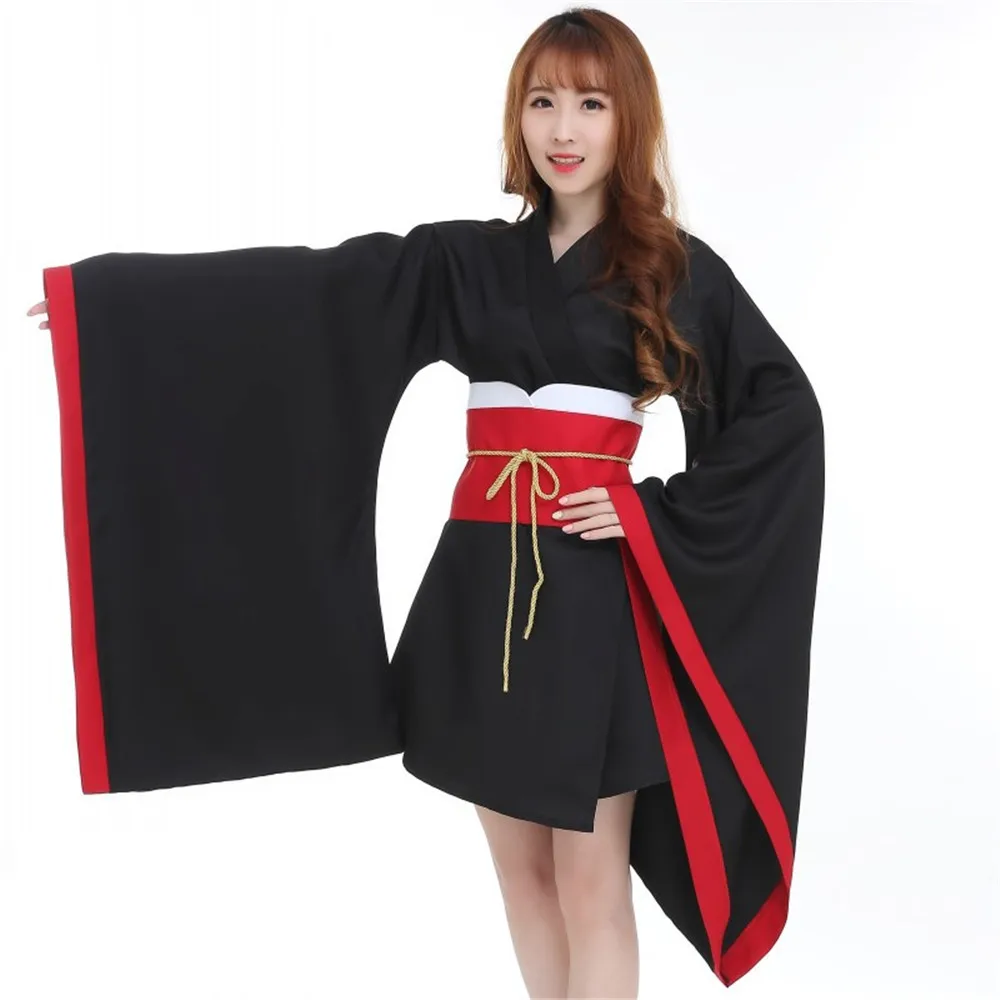 Черное женское японское традиционное кимоно юката банный халат платье с цветком