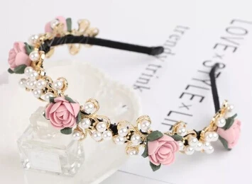 HAIRBAND 2 Европейский и американский стиль, Винтажный Розовый цветок, повязка на голову в стиле барокко, золотые металлические серьги с цветком и жемчугом - Окраска металла: HAIRBAND 2