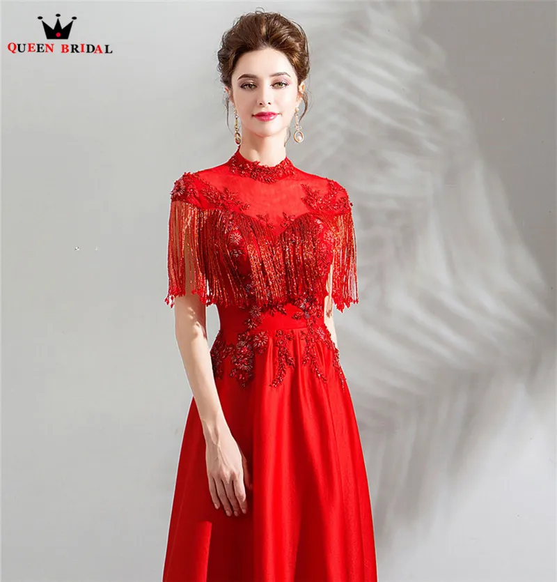 A-line High Neck Lace Beading Crystal Elegant Formal Red Evening Dresses 2018 New Arrival Gown Robe De Soiree JU59 | Свадьбы и