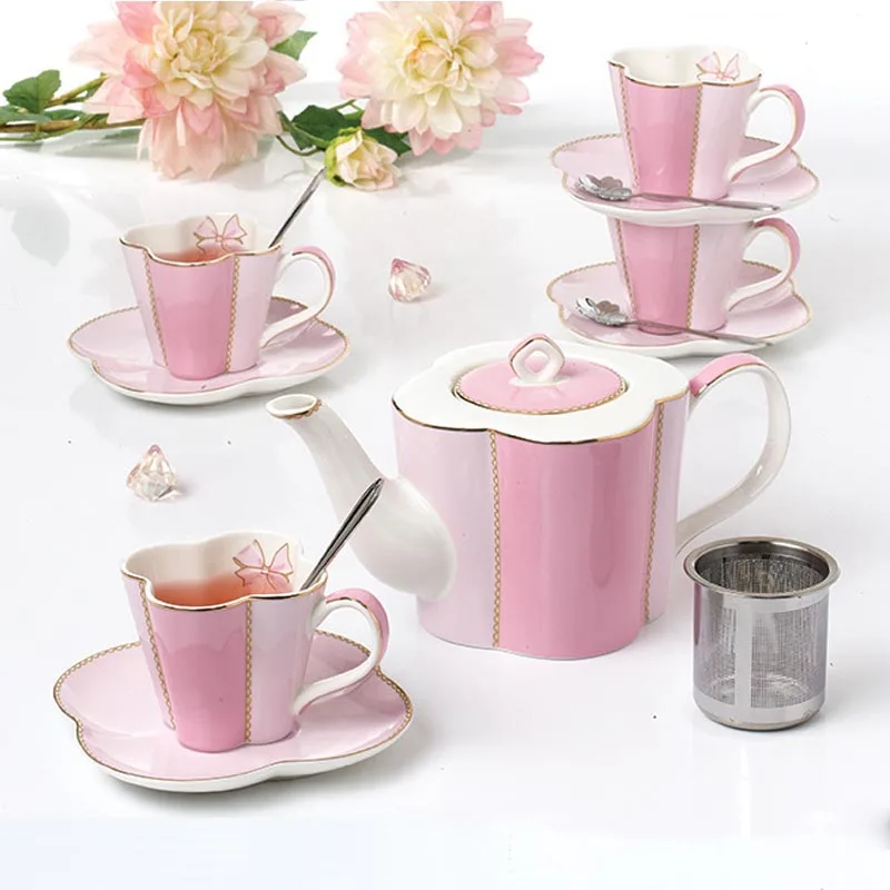 Pink YeFine, британский стиль, послеобеденный чайный набор, костяной фарфор, чайный горшок с чайным заварником, керамические чашки и блюдца, китайский чайный набор, продвинутый подарок - Цвет: Pink