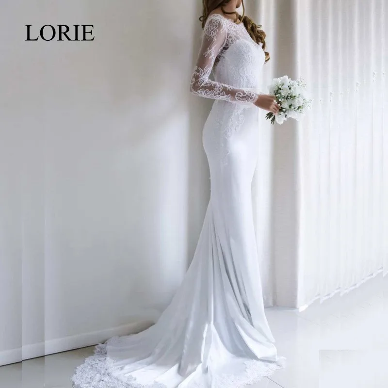 Белый LORIE Русалка свадебное платье с длинным рукавом Vestidos de novia винтажное кружевное Шелковистое атласное свадебное платье с открытой спиной и шлейфом - Цвет: Белый
