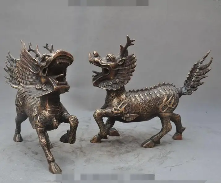 Старый Китайский Фэншуй Бронзовый злой духи зверь Кирин Килин статуя единорога