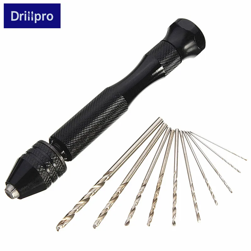 

Drillpro 1PC Aluminum Hand Drill With Keyless Chuck +10pcs Twist Drill Bit Woodworking Tool Set Wood Drilling Top Quality