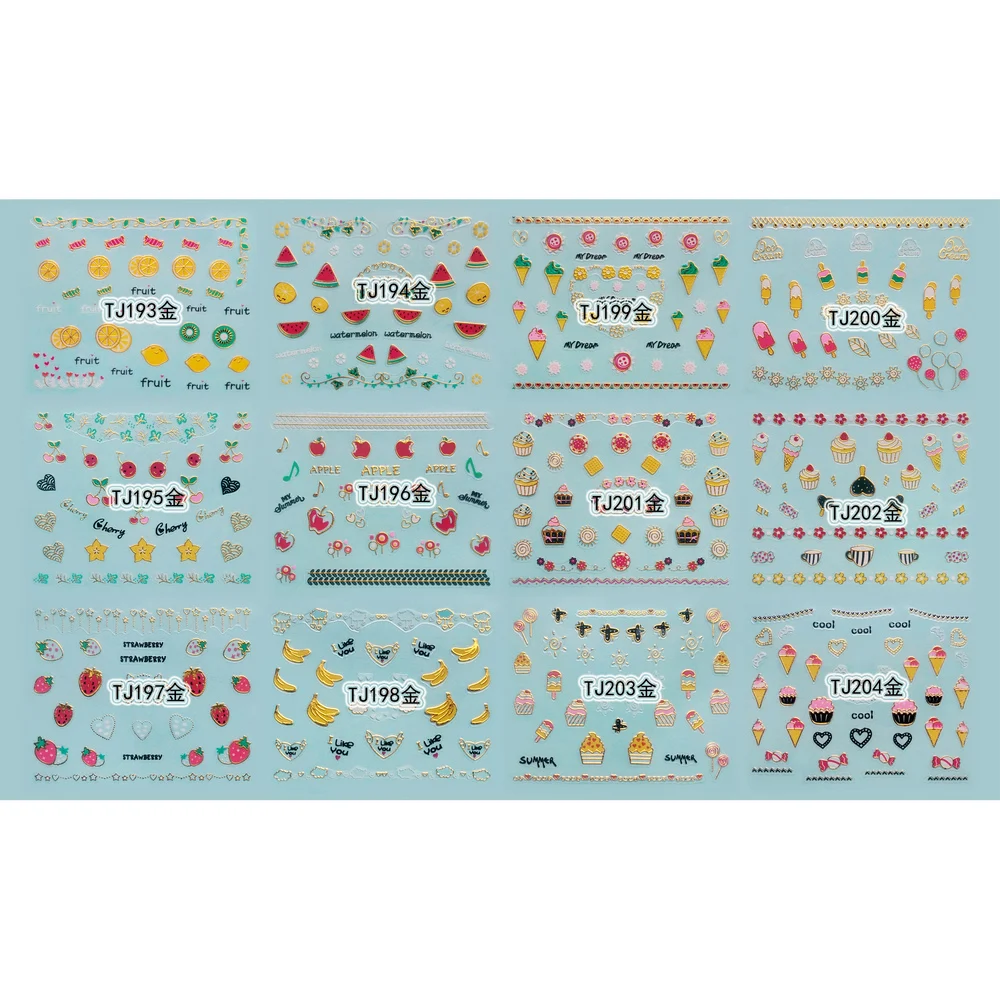 

12 SHEETS / LOT GOLDEN & SILVERY INAID 3D METALLIC NAIL DECAL SELF ADHESIVE STICKER FRUIT DESSERT ICE CREAM CAKE TJ193-204