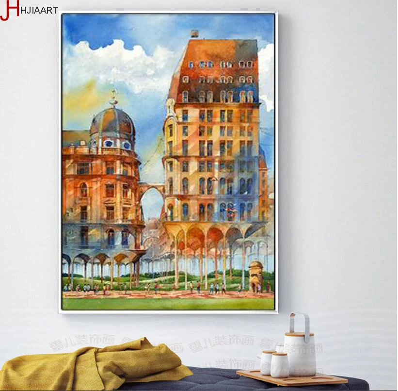 Nordic Watercolor Vintage Building Decor Painting on Canvas Fashion Unframed 3 Panels Home Decoration Wall Art Prints | Дом и сад