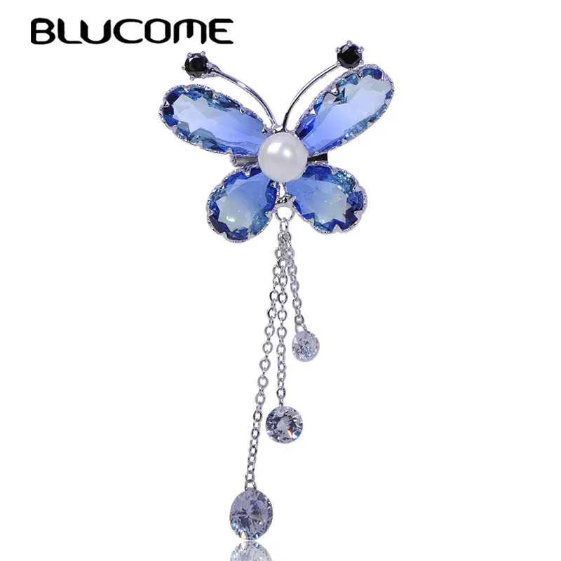 silver blue Blucome Красивая насекомое бабочка брошь с искусственным жемчугом циркон медь Ювелирные изделия Женская одежда для девочек шарф воротник булавка аксессуары - Окраска металла: silver blue