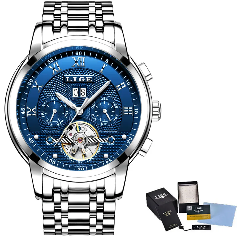 Silver Blue LIGE Топ бренд класса люкс для мужчин s автоматические механические часы для мужчин Мода Полный сталь бизнес водонепроницаемый спортивные часы Relogio Masculino - Цвет: Silver Blue