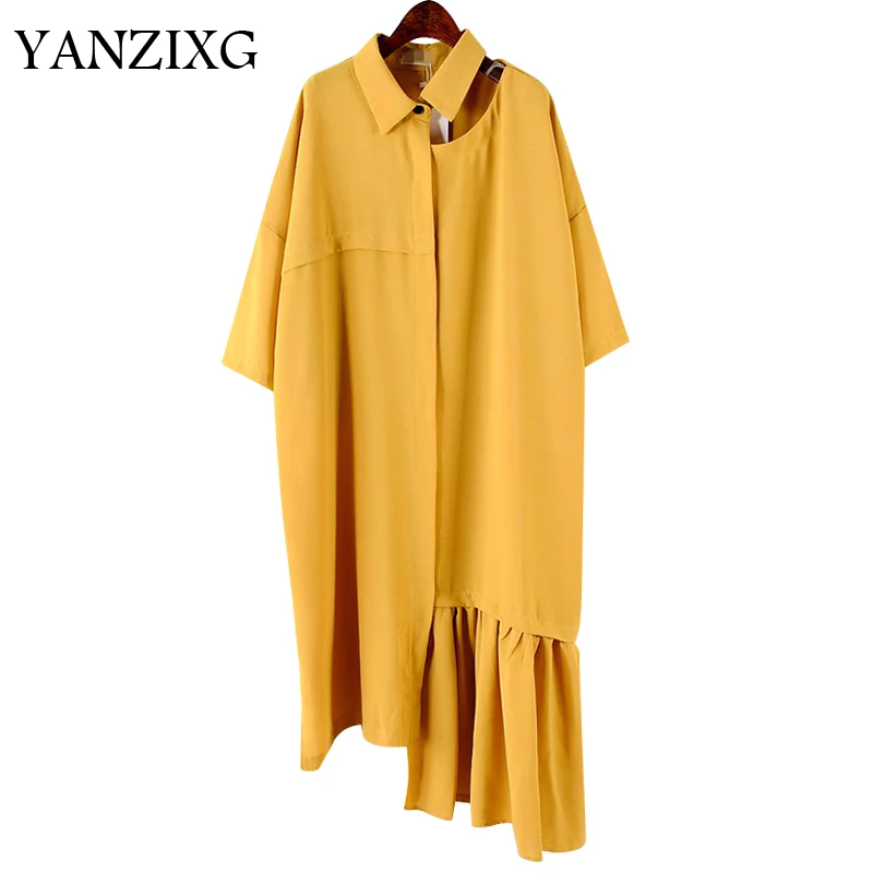 2019 весна лето новый шаблон с отворотом короткий рукав сплошной асимметричный