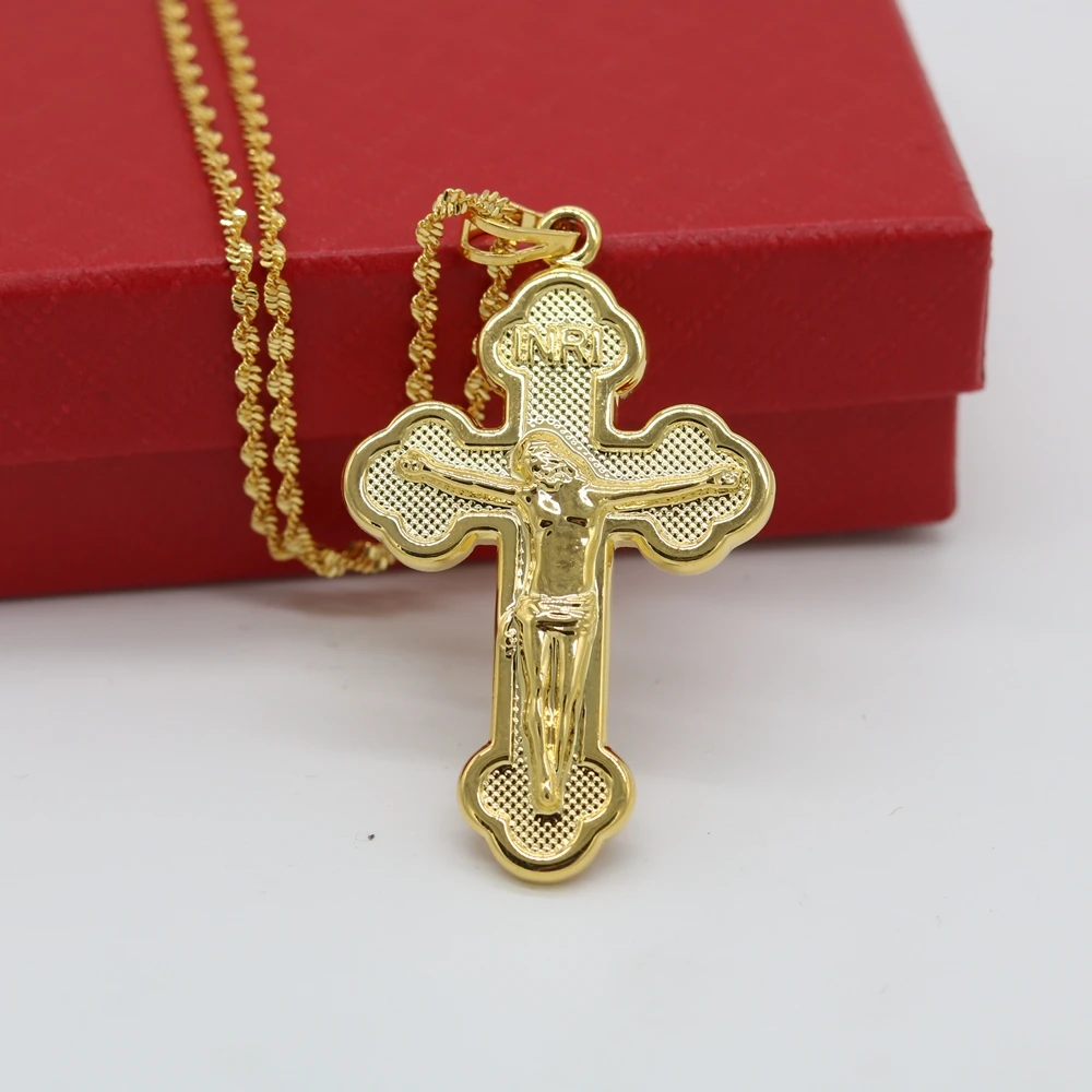 

Cross Jesus Pendant Chain Yellow Gold Filled Classic Crucifix Womens Mens Pendant Necklace