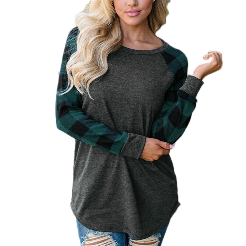 2019 Women Fashion Plaid Patchwork Long Sleeve Sweatshirts O Neck Pullover Tops Casual Loose Thin Sweatshirt 5XL Hoodies | Женская