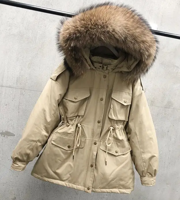 brown fur Пуховик на утином пуху зимняя куртка женские пуховики Утепленные Пальто женские с капюшоном из натурального меха енота однотонные куртки - Цвет: brown fur