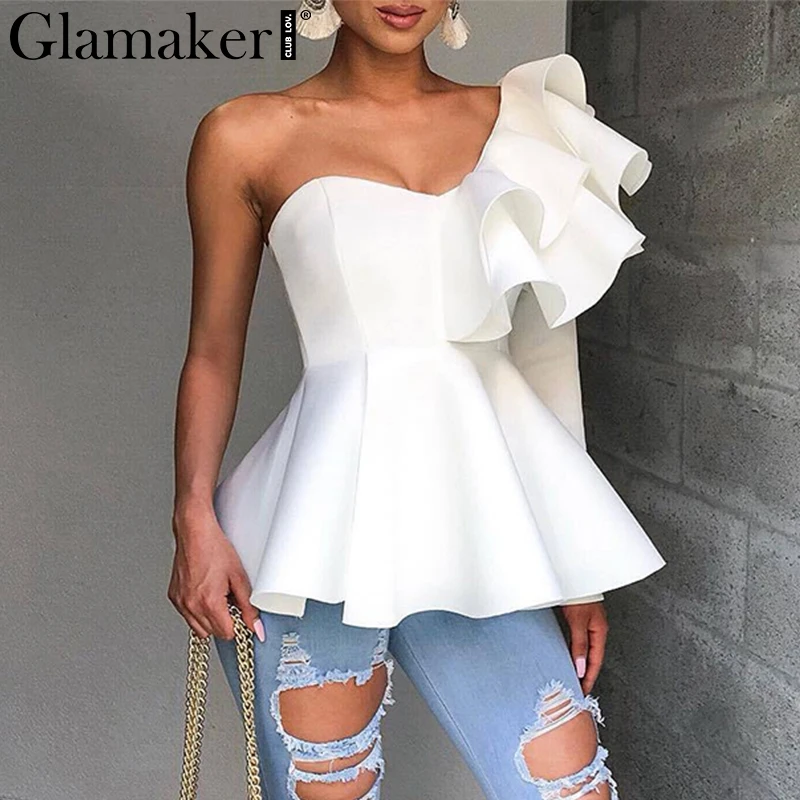 Женская блузка с длинным рукавом Glamaker белая облегающая на одно плечо баской и