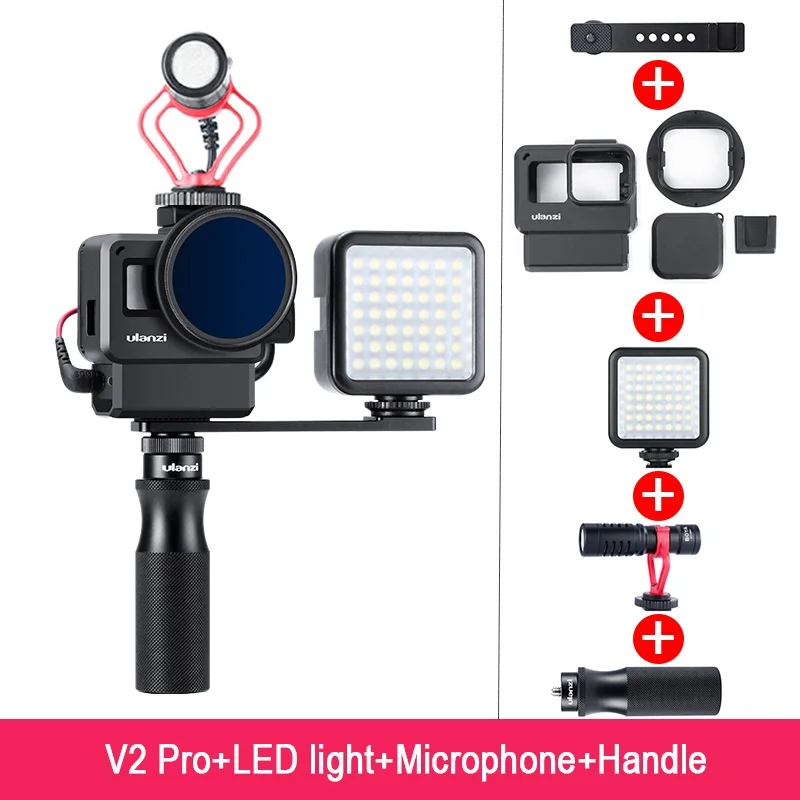 ULANZI V2 Pro GoPro Vlogging чехол Корпус клетка Рамка w микрофон Холодный башмак кронштейн+ 52 мм ND фильтр Кольцо адаптер для GoPro 7/6/5 - Цвет: V2Pro Mic LED Kit