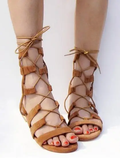 Faux Suede Leather Women Lace Up Flat Sandals Cut Out Style Ladies Cage Slingback Summer Fashion Dress Shoes | Обувь