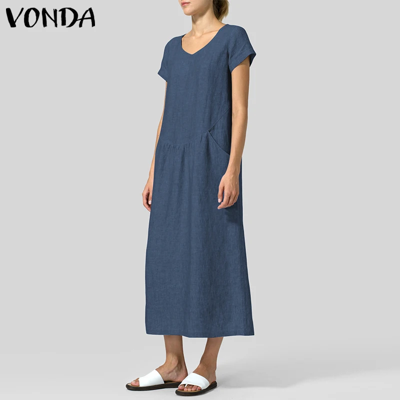 Новинка, летнее женское платье VONDA, повседневное, свободное, винтажное, однотонное, до середины икры, длинное платье, сексуальное, v-образный вырез, короткий рукав, размера плюс, Vestidos