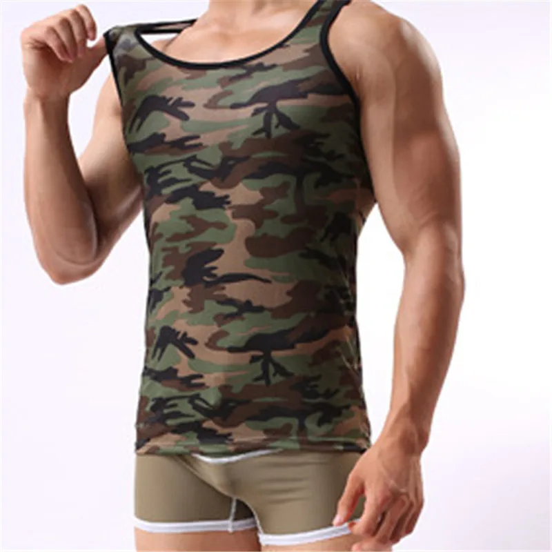 Men's Undershirt Mesh Breathable Underwear Sleevless Undershirt Summer O Neck Shirts Spandex Bodybuilding Camouflage Undershirts