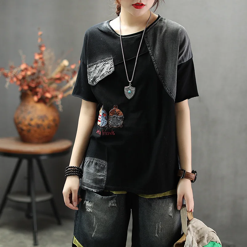 2019 модные винтажные Ретро футболки с круглым вырезом для женщин летние тонкие