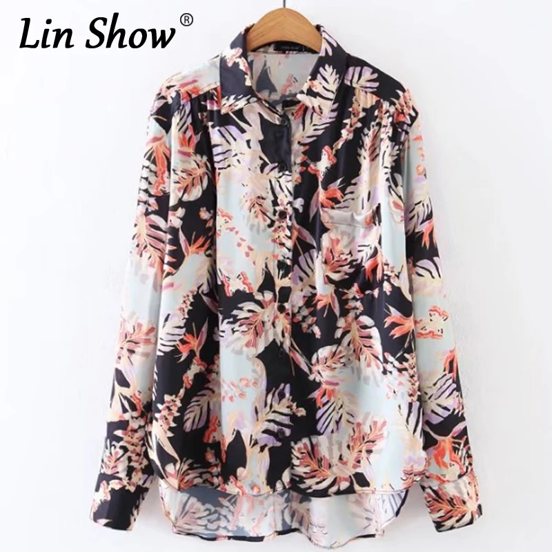 Linshow с цветочным принтом одежда длинным рукавом Женские топы и блузки женские