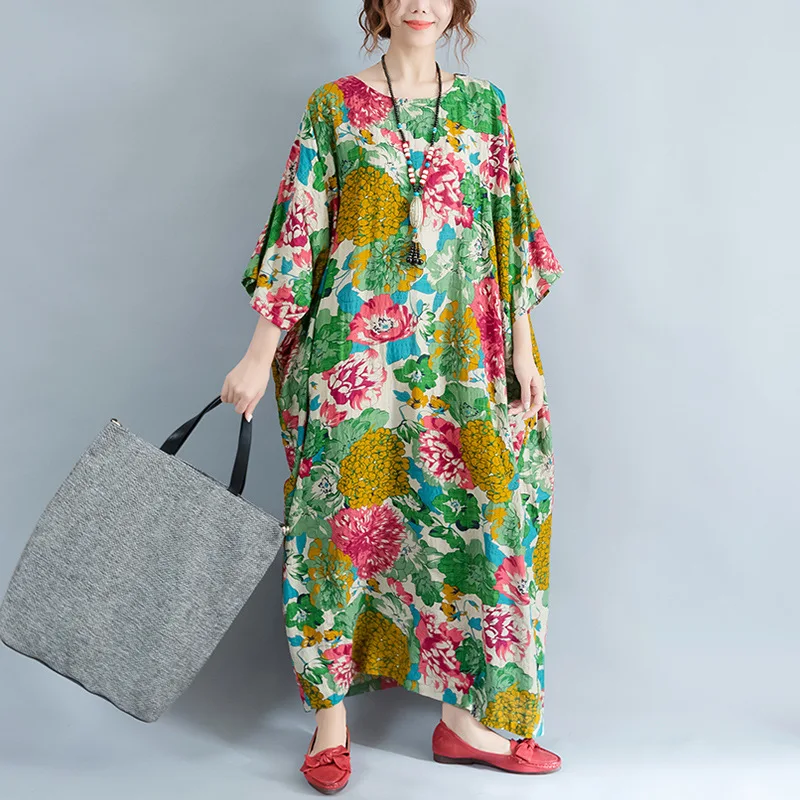 Женское платье макси с цветочным принтом винтажное хлопковое большого размера