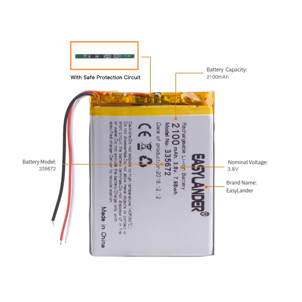 3 line 3.8v lithium ion rechargeable battery 335672 2100mah for china clone fake s7-edge G930 android phone DVR E-Book 355572 |