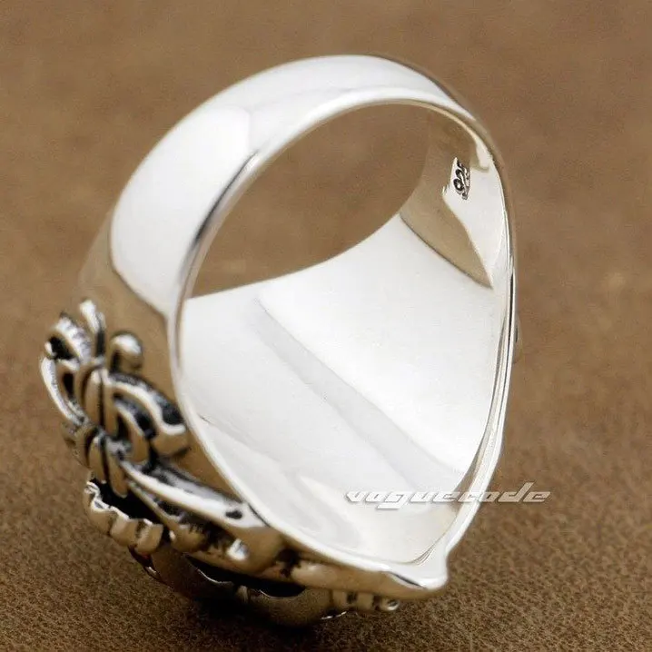 Мужское кольцо с крупным темно красным фианитом из серебра 925 пробы|gothic cross ring|stone