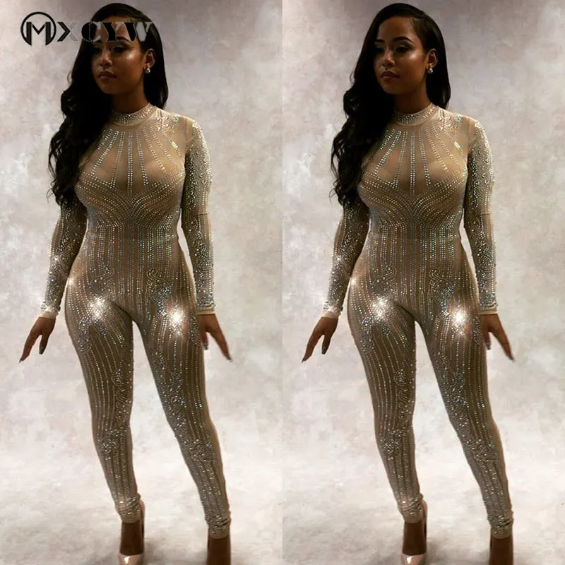 silm Sexy Jumpsuit Fashion Sequins Bodysuit Mesh Trousers Long Sleeves Round Neck Nightclub Perspective Hollow Women Clothing | Женская
